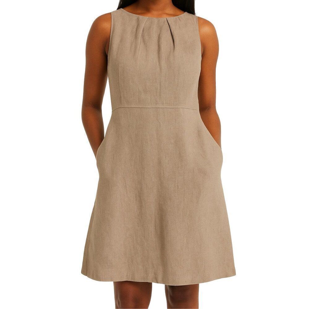 NWT Elle Tahari Taupe Beige Linen Satin Lined Sleeveless Dress